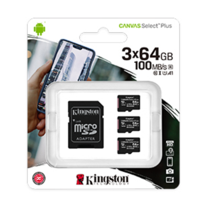 Карта пам'яті 64GB microSDXC Canvas Select Plus 10 0R A1 C10 Three Pack + Single Adapter SDCS2/64GB-3P1A Kingston (SDCS2/64GB-3P1A)